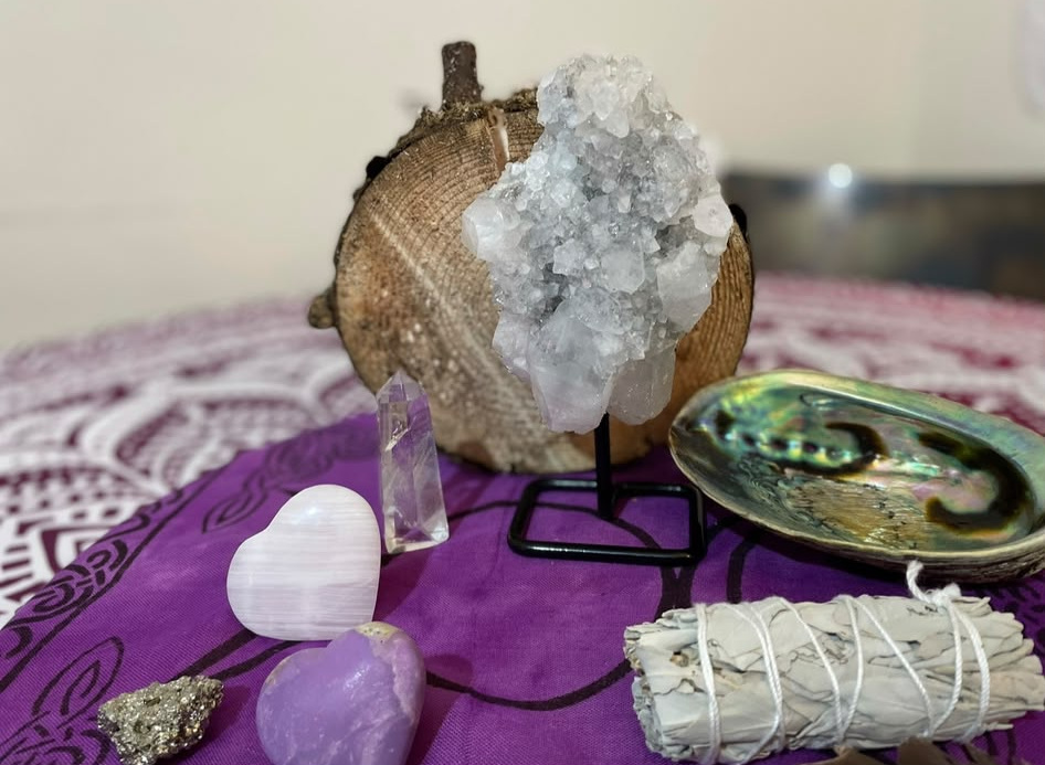 Apophyllite cluster with rose quartz heart and abalone